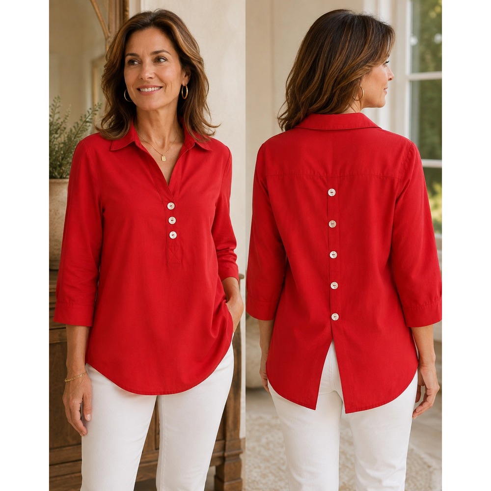 Zac & Rachel Petite PS Red Button Back Blouse 3/4 Sleeve Collared Tunic Work Top